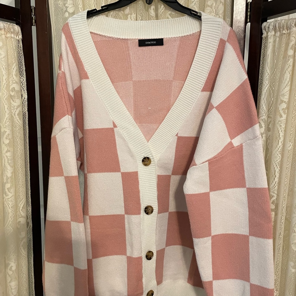 Sandro Pink and White Checkered Cardigan